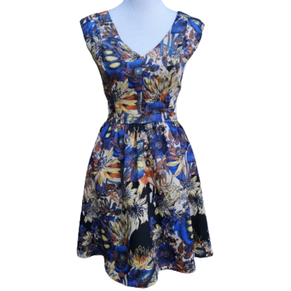 Jealous Tomato Blue Multicolor Dress Abstract Print Cut-Out Sides Mini Short - Picture 2 of 16